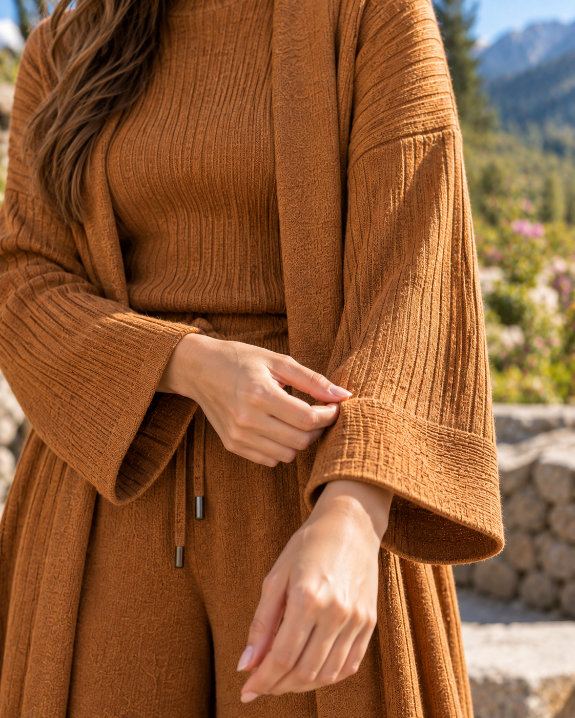 FW26 - Three-piece  Long Coat With Funnel Neck Inner & Trouser - Warm Brown