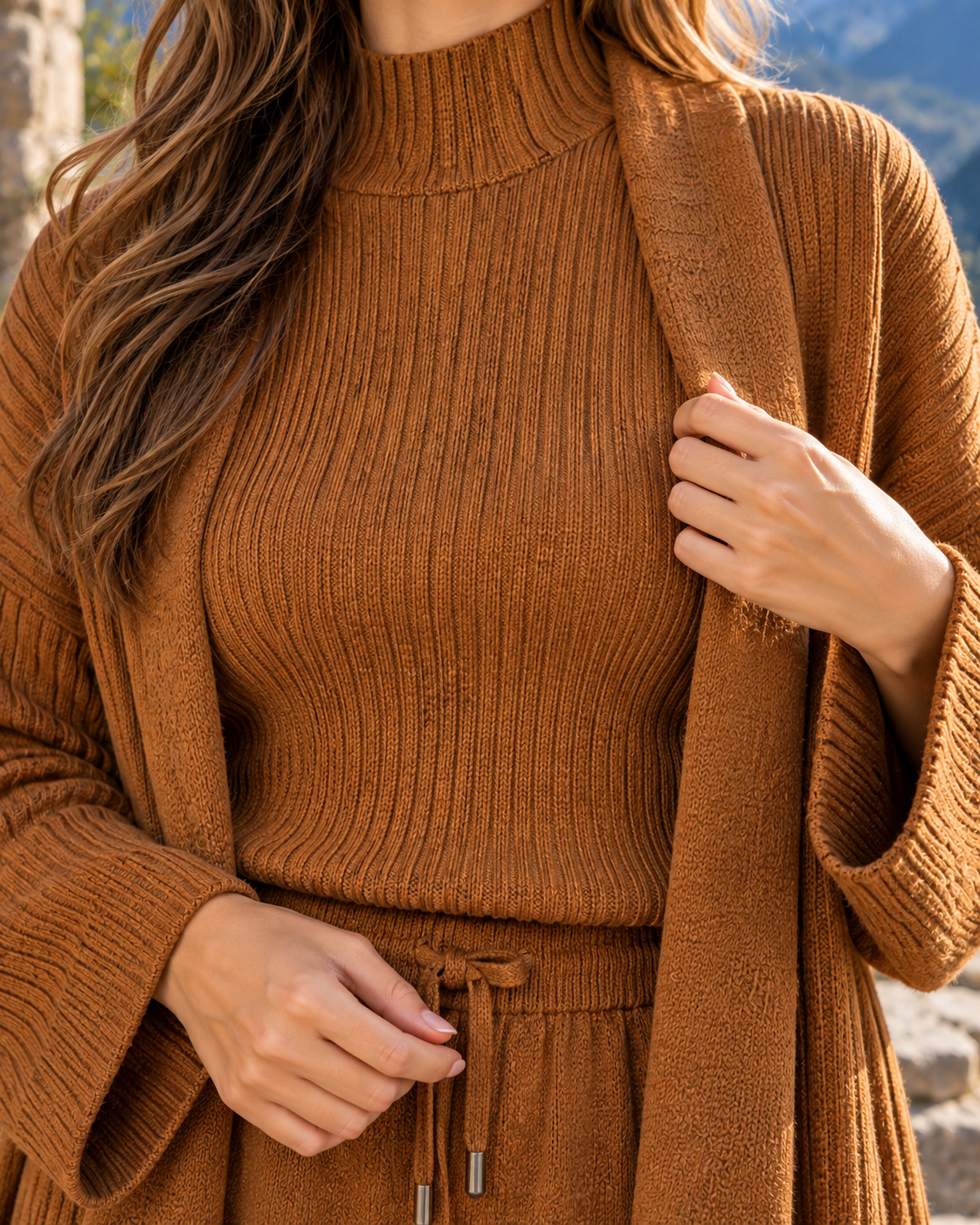 FW26 - Three-piece  Long Coat With Funnel Neck Inner & Trouser - Warm Brown