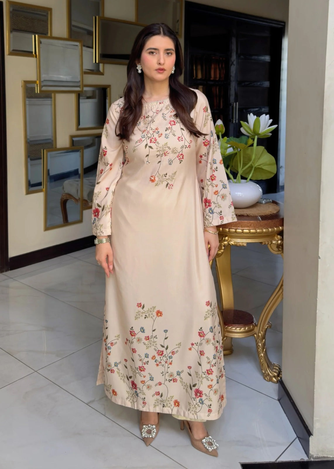 Polysilk Kaftan With Hand Embroidery - Beige