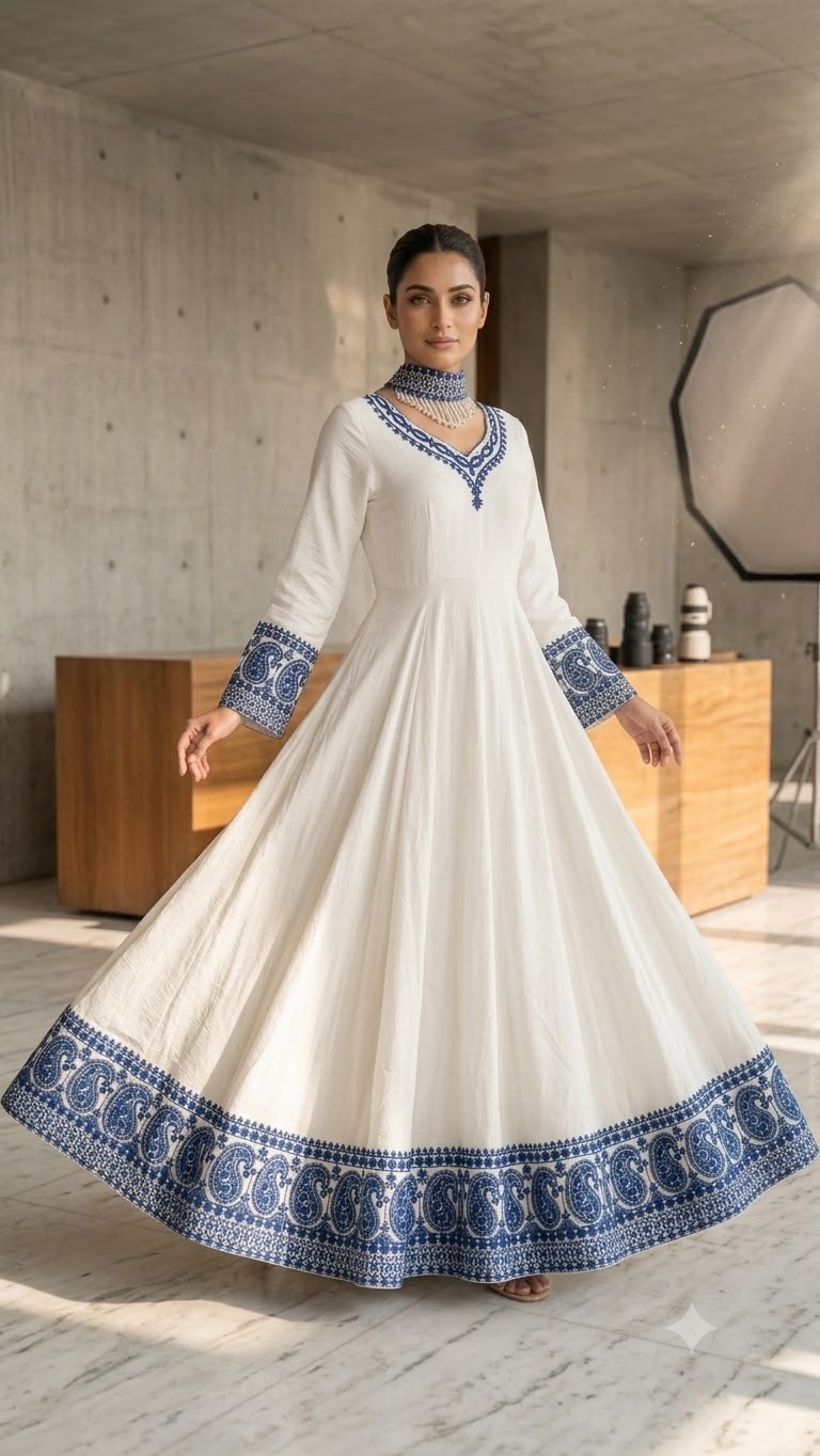 Off-White Flared Georgette Anarkali Gown & Pearl-Embellished Organza Dupatta Set