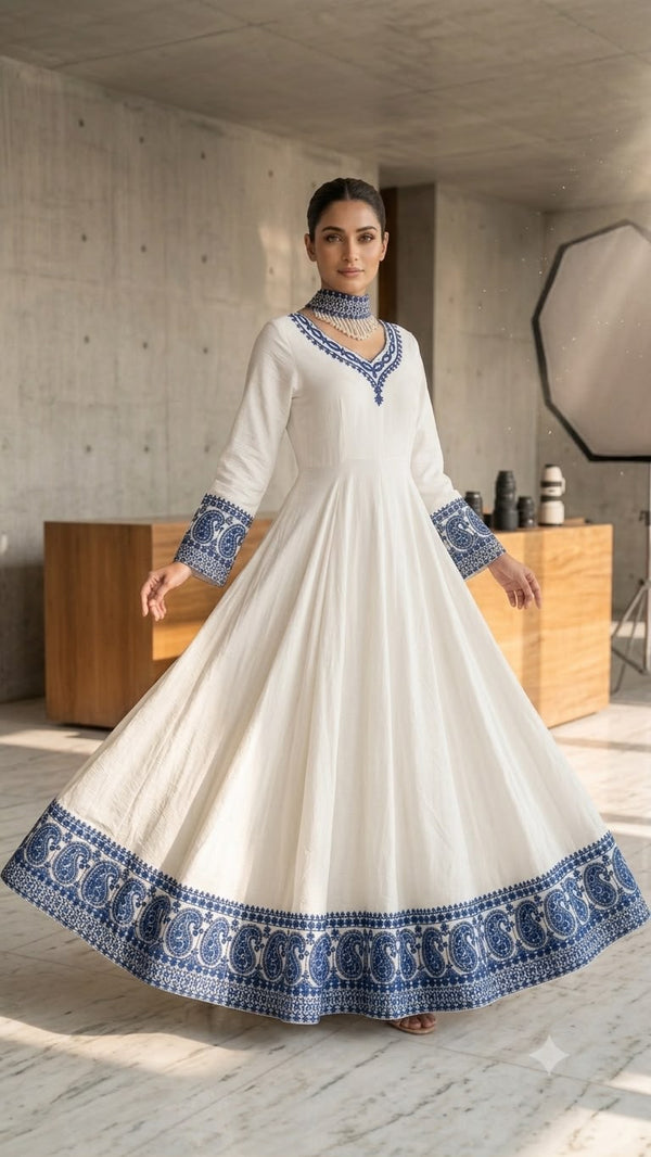 Off-White Flared Georgette Anarkali Gown & Pearl-Embellished Organza Dupatta Set