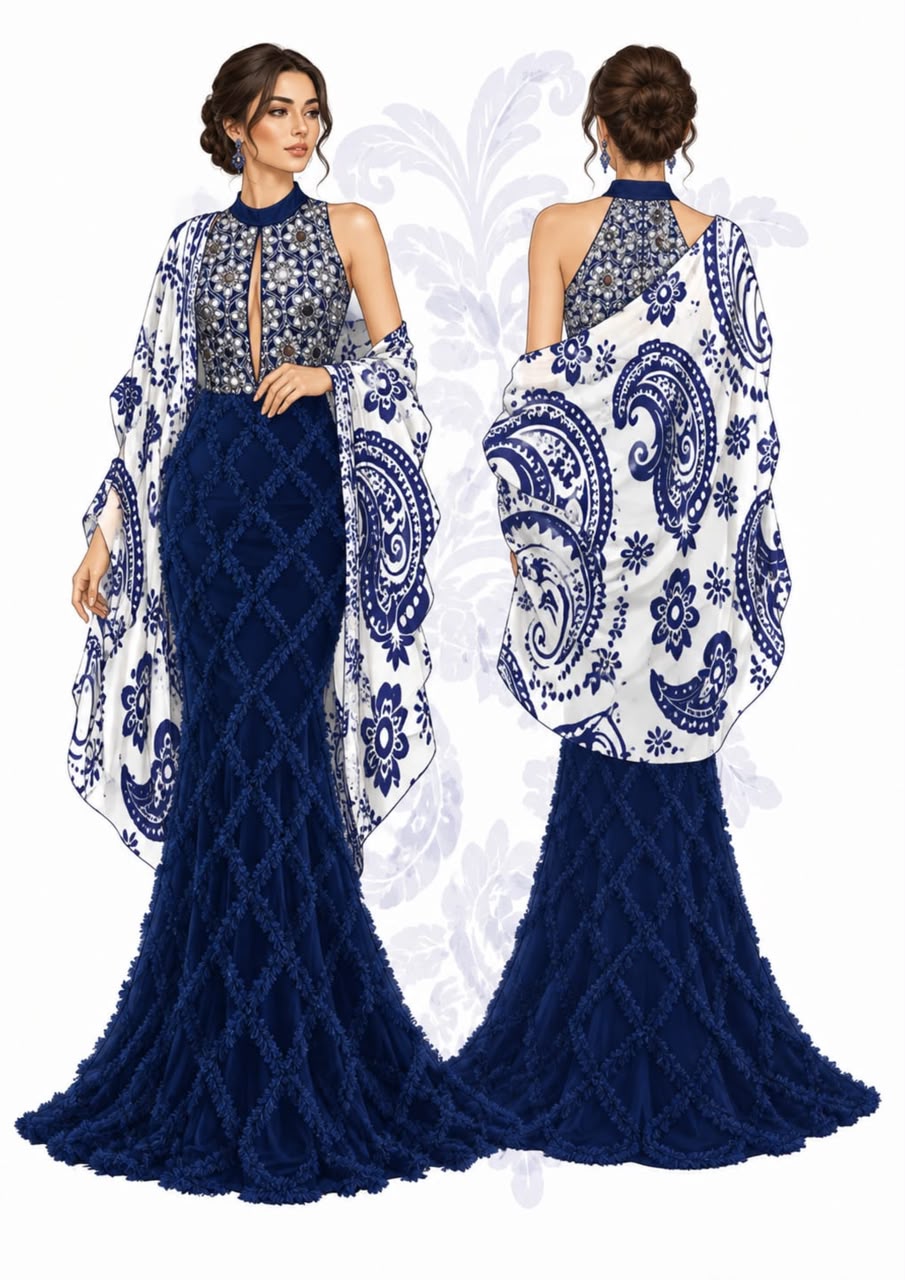 Royal Navy Textured Denim Couture Gown with Mirror-Work Bodice & Draped Jersey Shawl