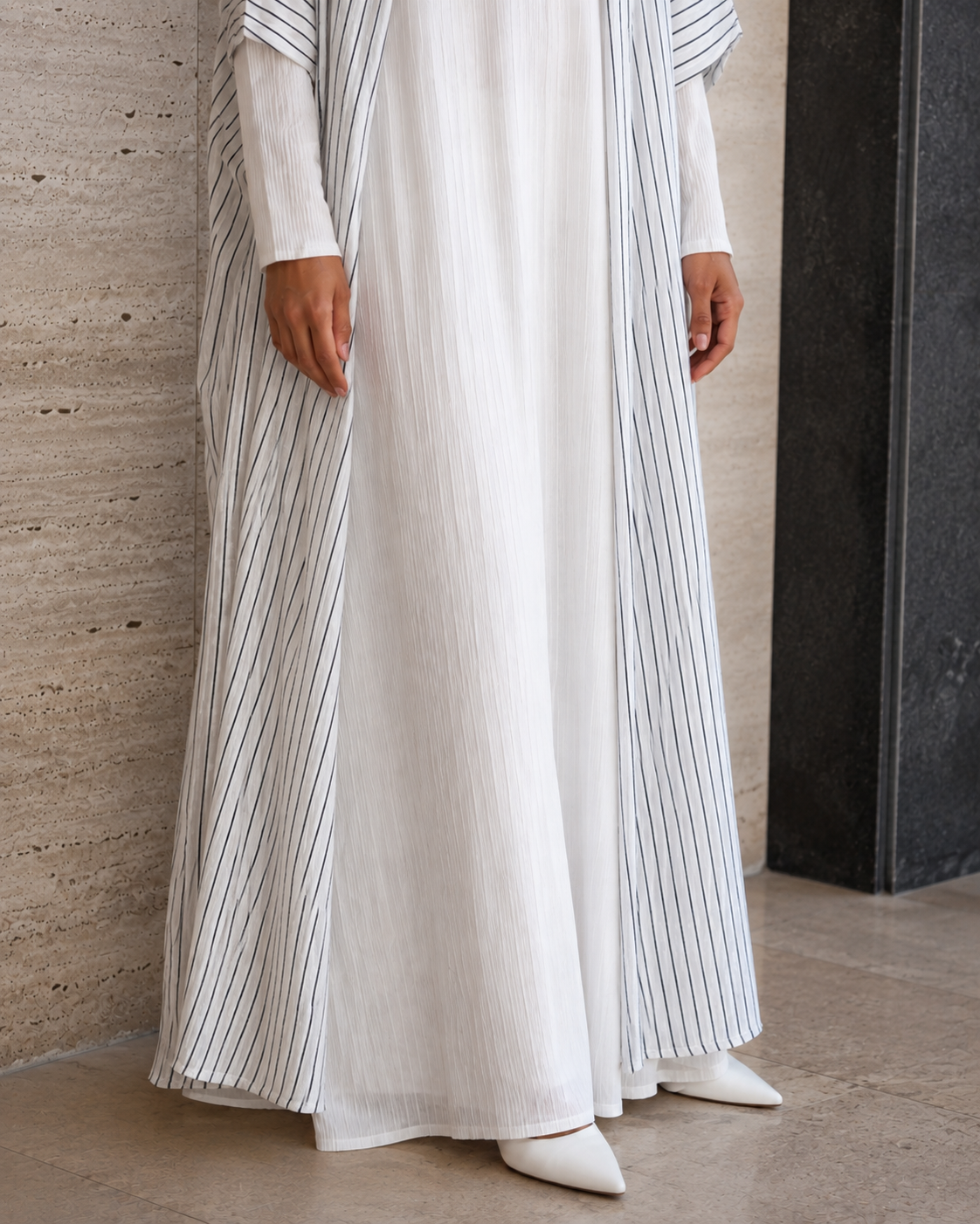Two-piece Stripped Cape and Inner Set - White