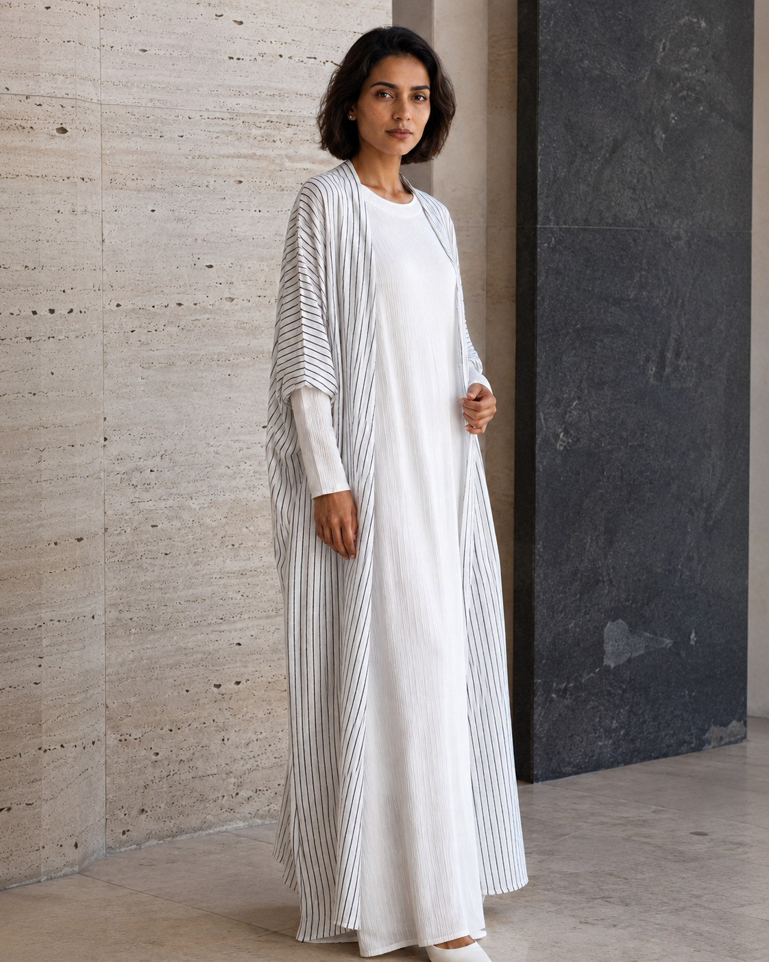 Two-piece Stripped Cape and Inner Set - White