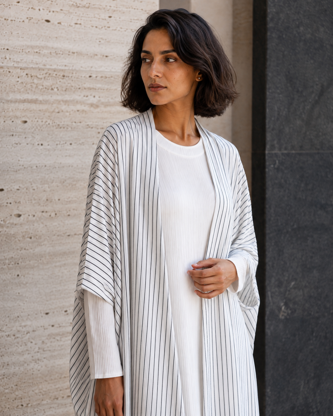 Two-piece Stripped Cape and Inner Set - White