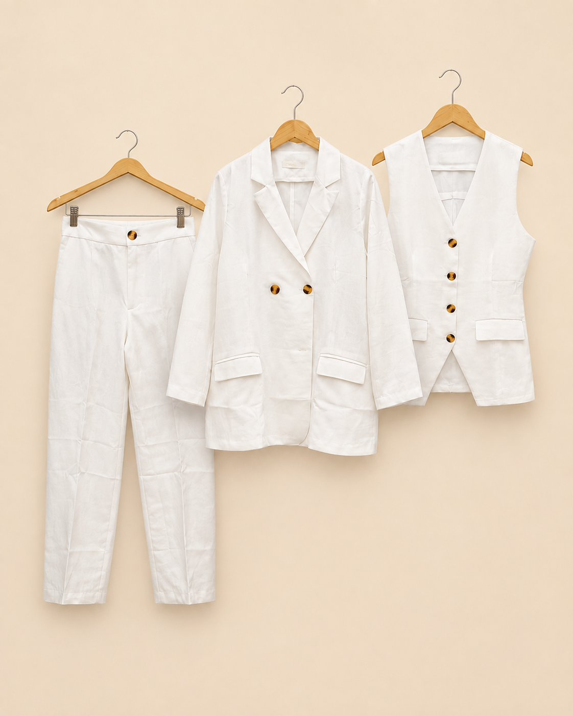 Three-piece Tailored Ensemble Blazer, Wasit Coat And Trouser - White