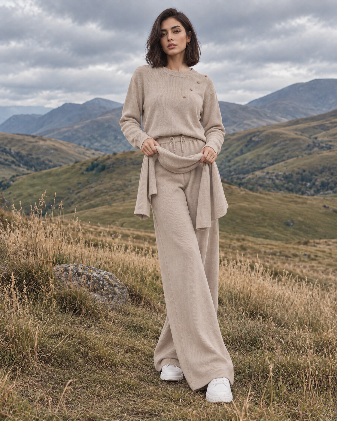 FW26 - Two-Piece Sweater Suit With Attachable Scarf - Beige