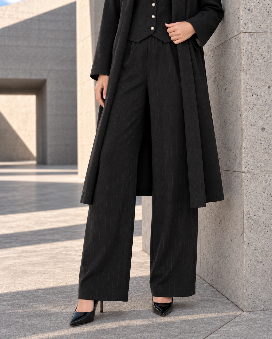 FW26 - Three-piece Vertical Line Coat, Waistcoat & Trouser - Black