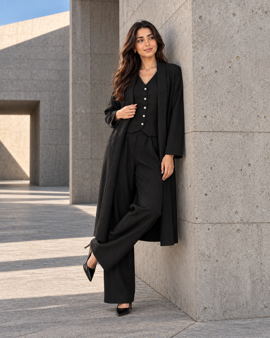 FW26 - Three-piece Vertical Line Coat, Waistcoat & Trouser - Black