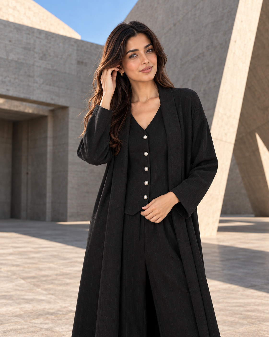 FW26 - Three-piece Vertical Line Coat, Waistcoat & Trouser - Black