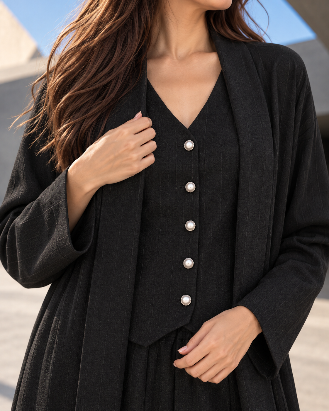 FW26 - Three-piece Vertical Line Coat, Waistcoat & Trouser - Black