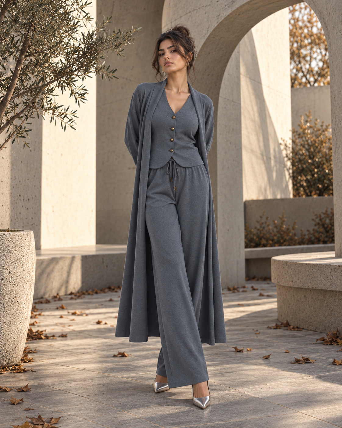 FW26 -Three-piece  Vest, Trousers & Long Coat Set - Grey