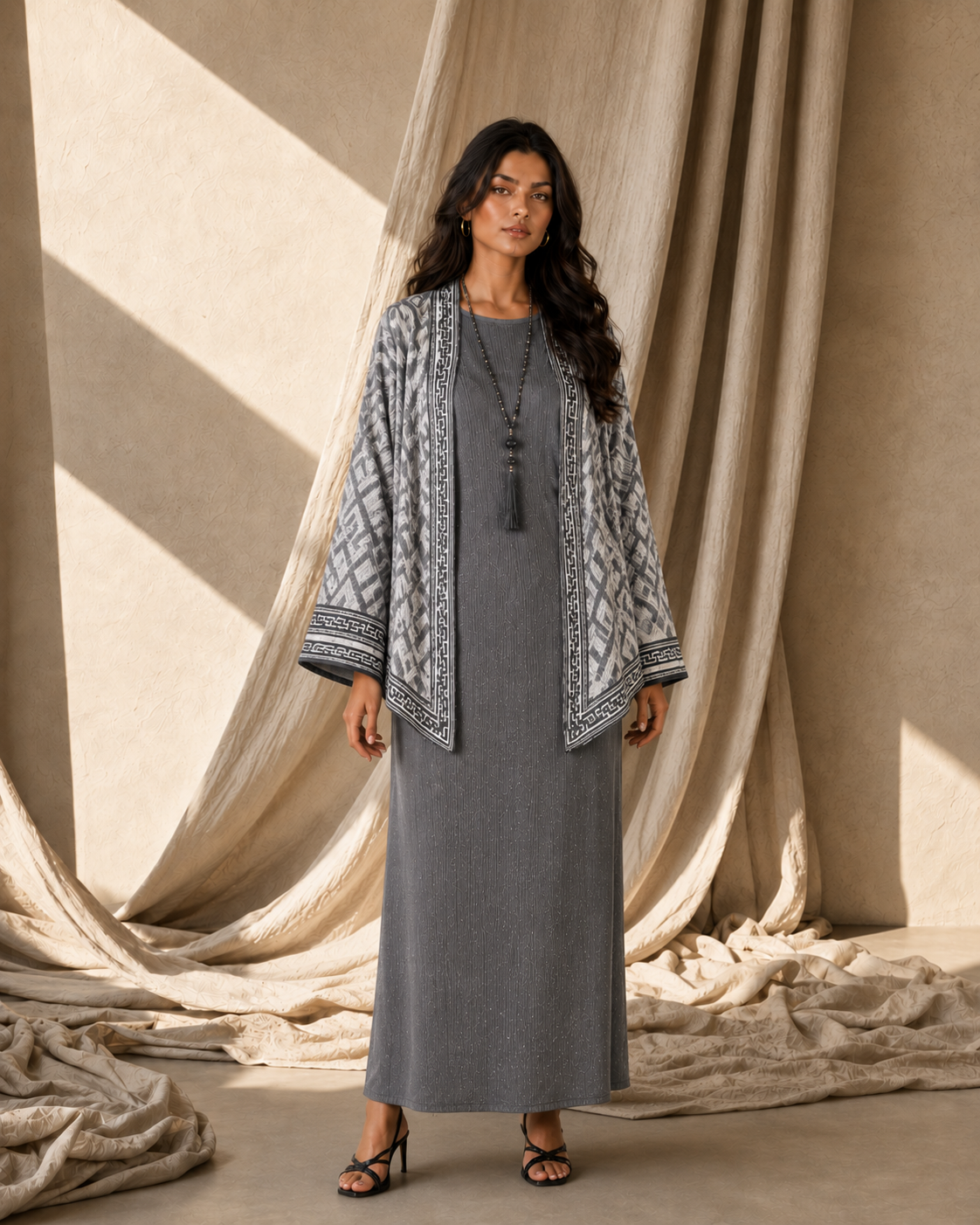 Two Piece Printed Cape With Embellished Inner & Necklace - GREY
