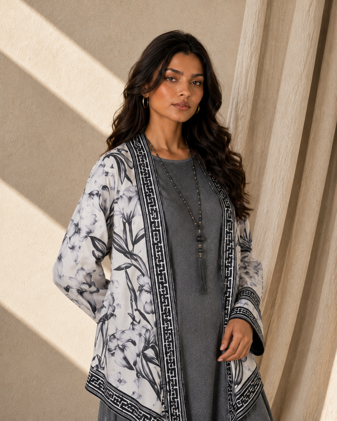 Two Piece Printed Cape With Embellished Inner & Necklace - GREY