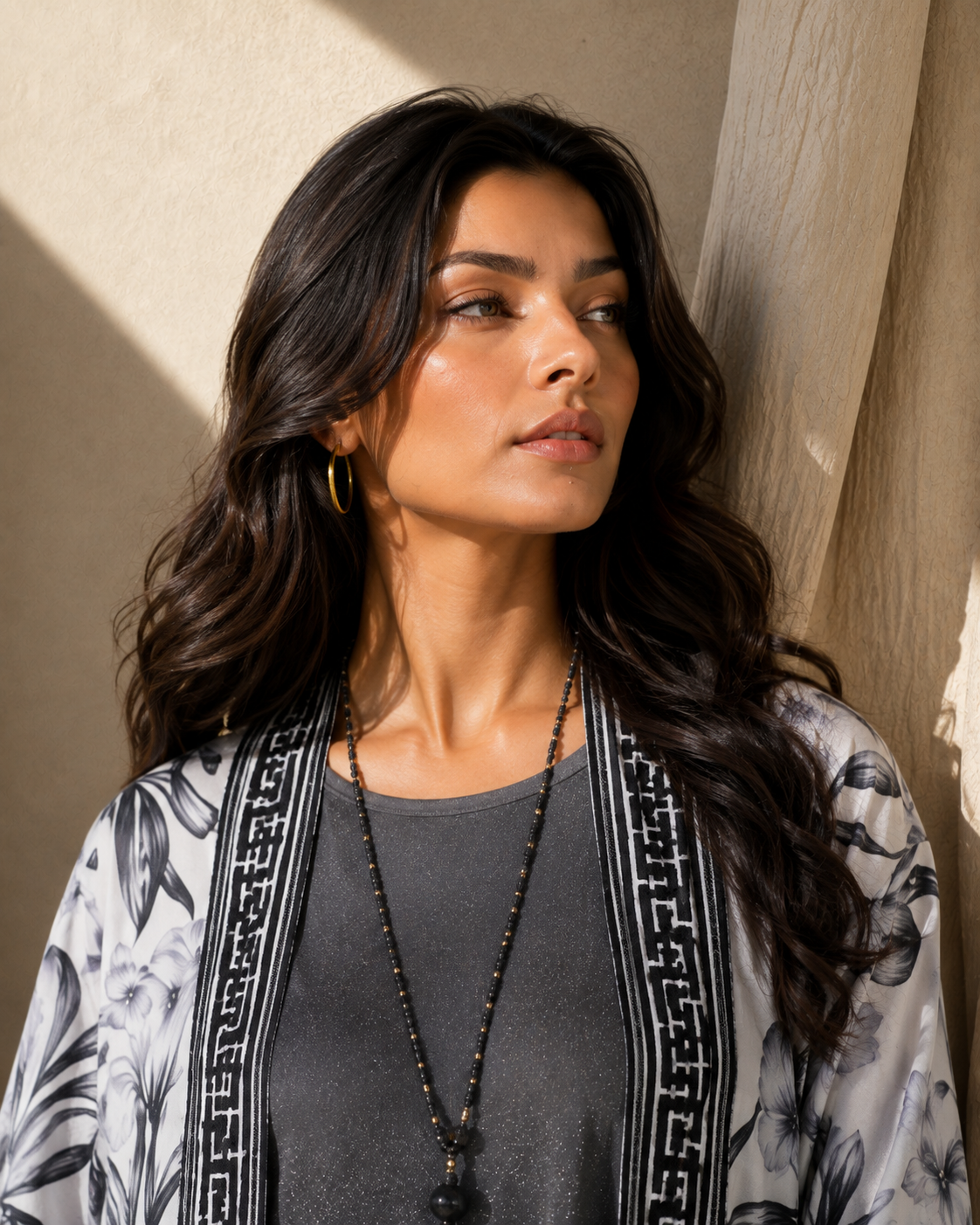 Two Piece Printed Cape With Embellished Inner & Necklace - GREY