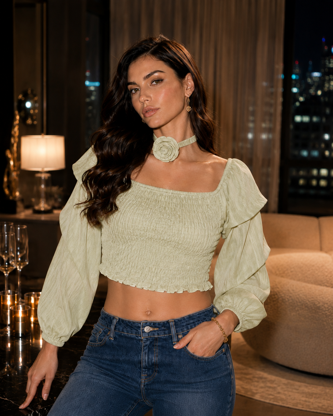 Pastel Green Pleated Top with Rose-Shaped Neck Piece