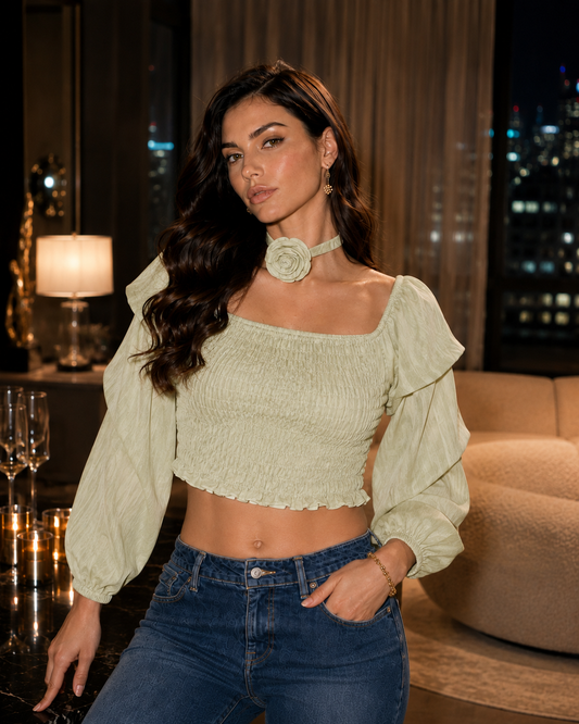 Pastel Green Pleated Top with Rose-Shaped Neck Piece
