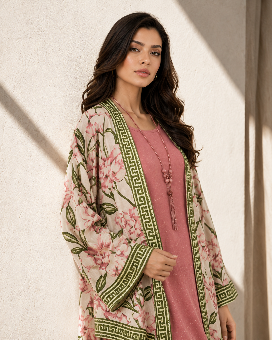 Two Piece Printed Cape With Embellished Inner & Necklace - PINK