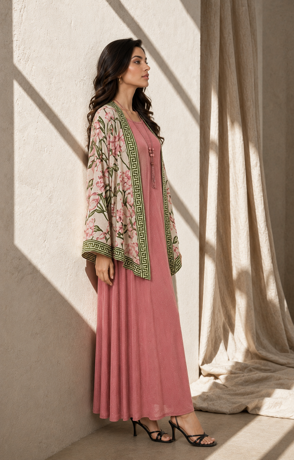 Two Piece Printed Cape With Embellished Inner & Necklace - PINK