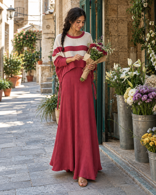 Two-Peice layered Color Block Dress - Maroon