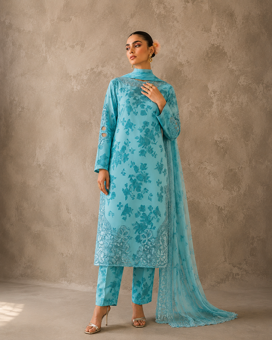 Three Piece Embroidered Lawn Suit - Sea Green